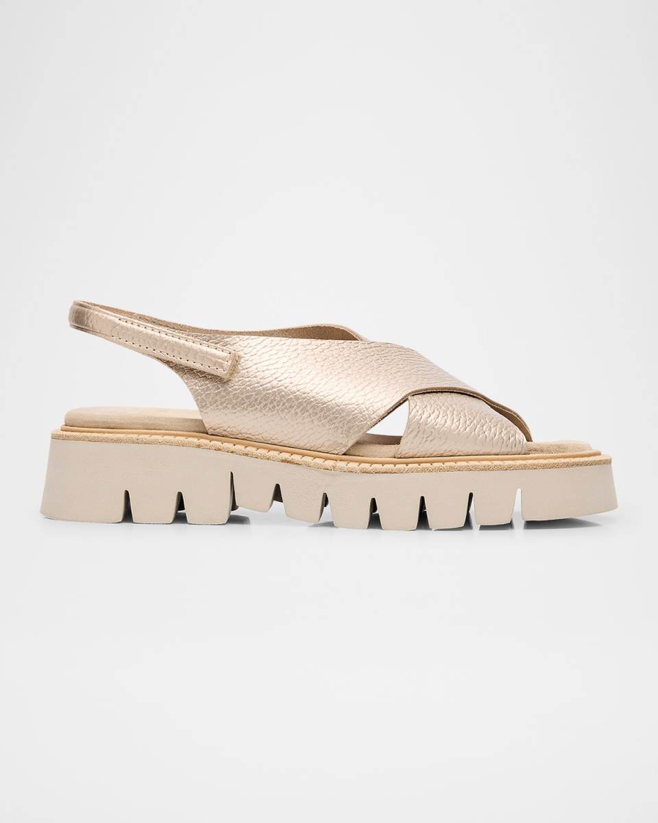 Metallic Leather Crisscross Flatform Sandals
